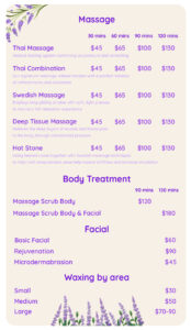 Menu Lavish Thai Massage Spa Las Vegas