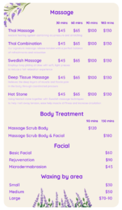 Menu Service Lavish Thai Massage Spa Las Vegas