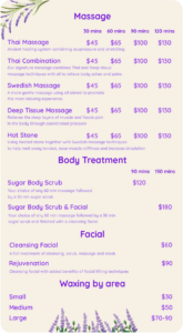 Menu Lavish Thai Massage Spa Las Vegas