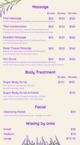 Menu Lavish Thai Massage Spa Las Vegas